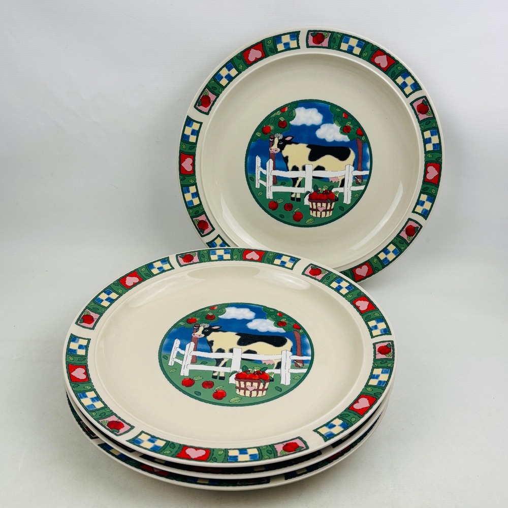 Gibson Barnyard 10.5" Dinner Plate Set of 4 Cow Heart Check Apple Country Farm